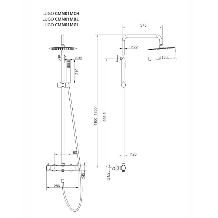 Kolumna prysznicowa Corsan Lugo z deszczownicą 25cm - GunMetal