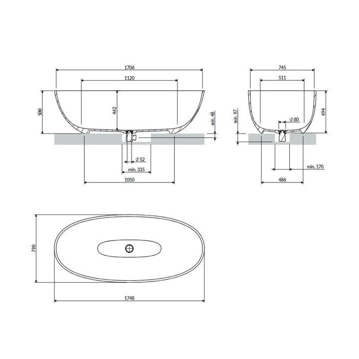 Wanna wolnostojąca 148x75cm, Omnires Shell M+, biały połysk