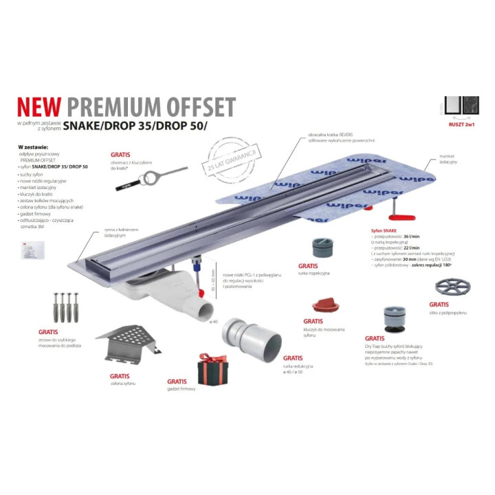 Odpływ liniowy Wiper New Premium Revers z kołnierzem, 80 cm, syfon drop 35 - szlif