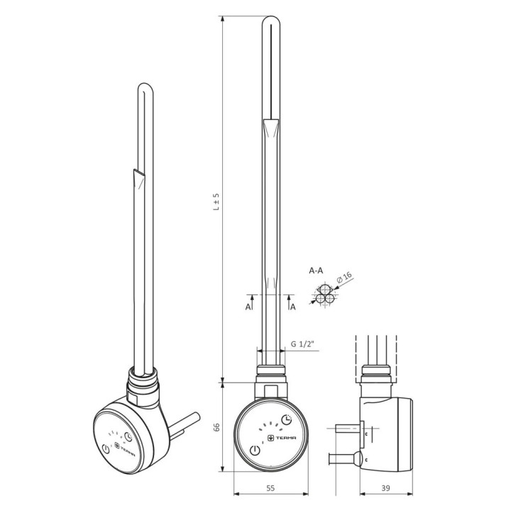 Grzałka Terma MOA Blue z elementem grzejnym, moc 600 W - biała