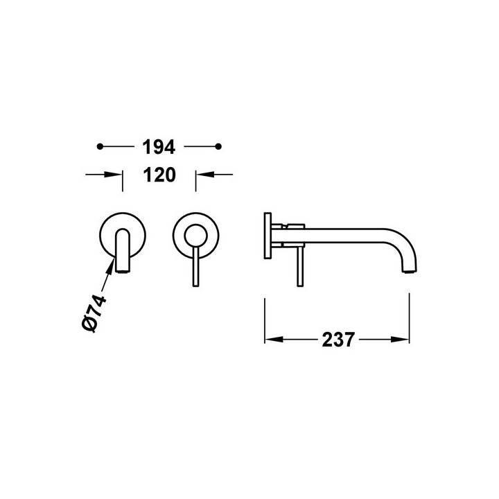 Element naścienny do podtynkowego korpusu baterii umywalkowe TRES STUDY, wylewka 237mm, biel matowa