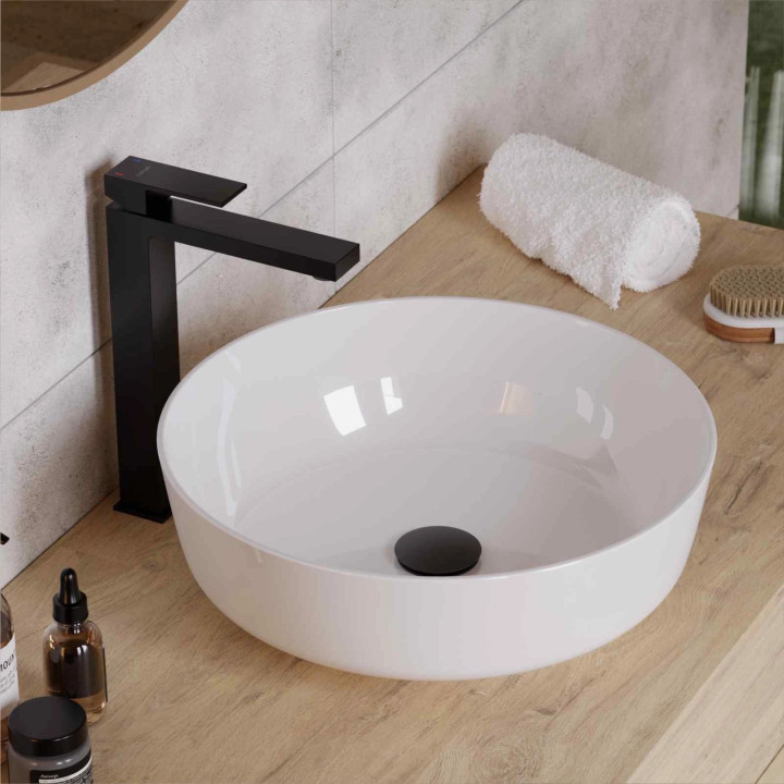 Umywalka nablatowa okrągłaCorsan 400x400x160mm z korkiem klik-klak chrom, biała