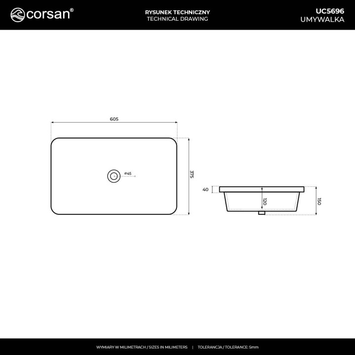 Umywalka nablatowa Corsan Olvena owalna 60x40x15 cm z korkiem klik-klak białym