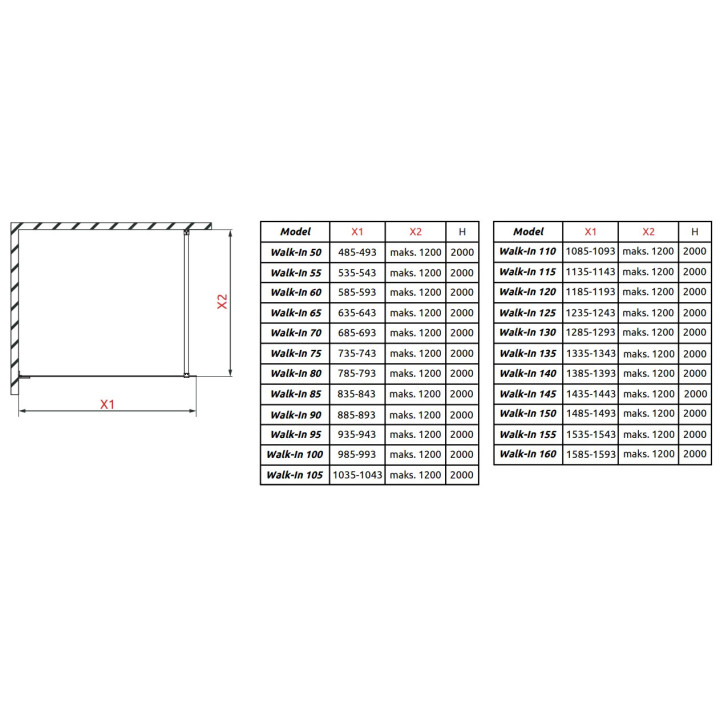 Drzwi prysznicowe walk-in Radaway Essenza Pro 8 Gold, 50x200cm, szkło przejrzyste, profil złoty
