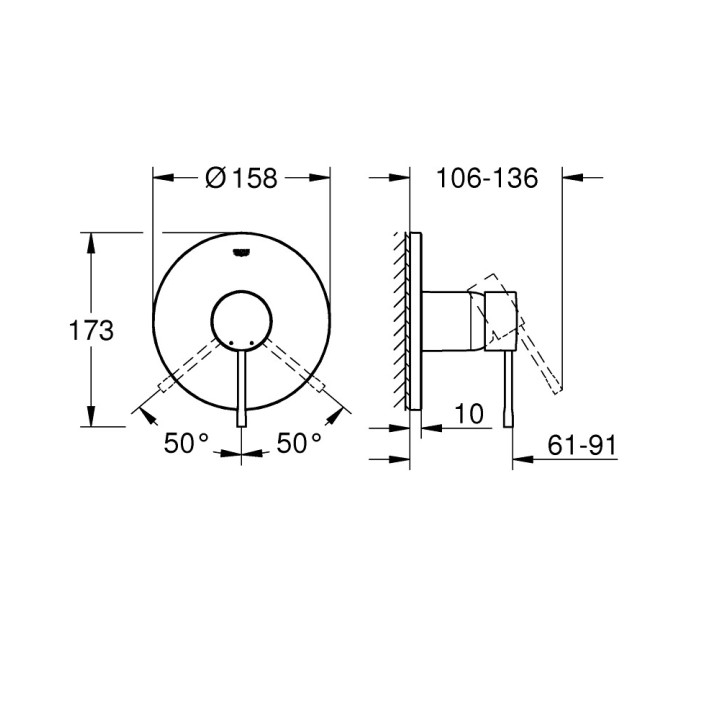 Bateria wannowo-natryskowa Grohe Essence ścienna, jednouchwytowa 3-odbiorniki - warm sunset