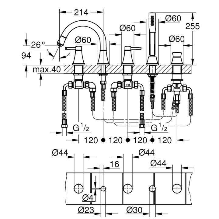 Bateria wannowa Grohe Grandera pięciootworowa