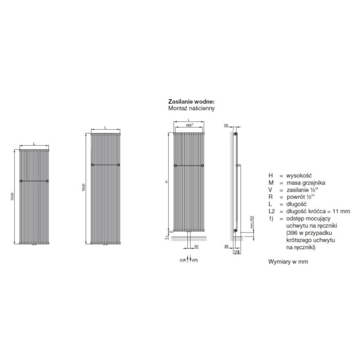 Grzejnik Zehnder Vitalo Bar 159,5x40 cm, wersja Completto - biały