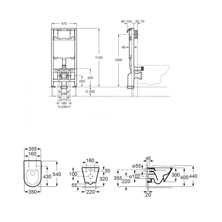 Zestaw podtynkowy Roca DUPLO ONE + miska WC podwieszana ONA RIMLESS COMPACTO z deską wolnoopadającą SLIM, biała