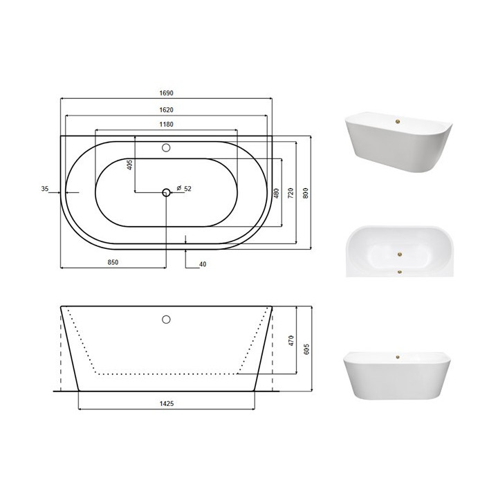 Wanna przyścienna Besco Vica New, 170x80 cm, akrylowa, biała + syfon złoty z napełnieniem przez przelew