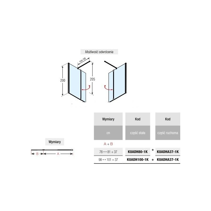 Ścianka stała prysznicowa Novellini Kuadra H2 ze skrzydłem obrotowym 80+37 cm- sanitbuy.pl