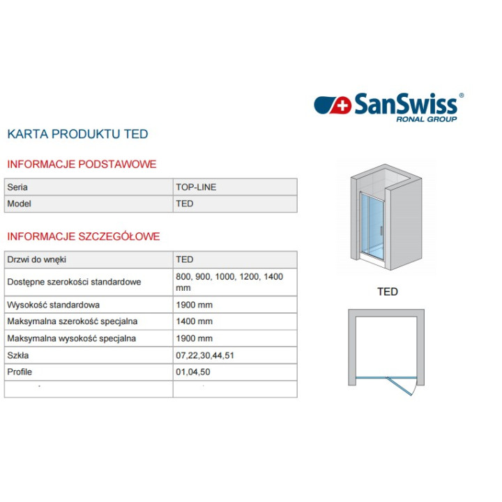 Drzwi SanSwiss  TOP-Line jednoczęściowe ze ścianką stałą w linii 140cm- sanitbuy.pl