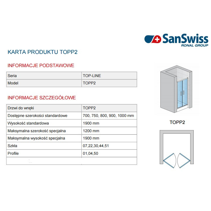 Drzwi dwuczęściowe SanSwiss TOP-LINE 70 cm, połysk, szkło przeźroczyste- sanitbuy.pl
