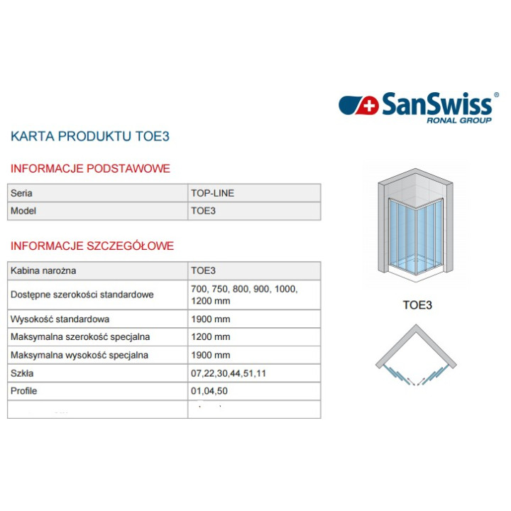 Kabina SanSwiss wejście narożne rozuwane trzyczęścioweTOP- LINE  70x70 cm, biały, szkło przeźroczyste- sanitbuy.pl