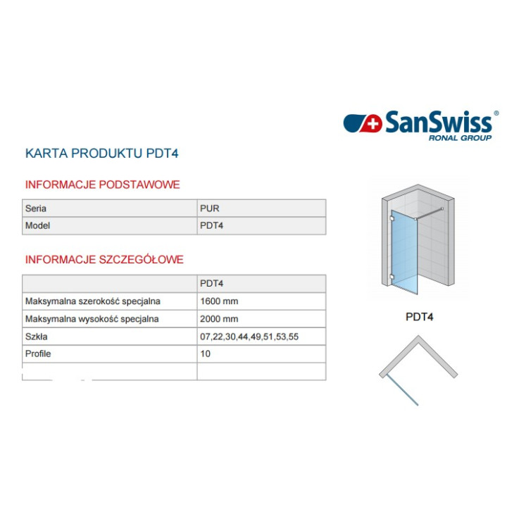 Ścianka wolnostojąca  SanSwiss WALK-IN PUR  szerokość  30 do 100 cm montaż bez profilowy,  chrom, szkło przeźroczyste - sanitbuy