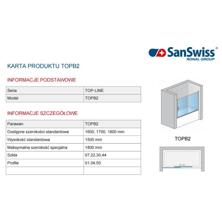 Ścianka boczna do parawanu nawannowego SanSwiss TOP-Line  70 cm, srebrny mat, szkło przeźroczyste- sanitbuy.pl