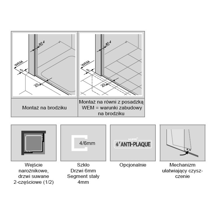 Kabina wejście narożne suwane Huppe Classics 80x80 cm, wys. 200 cm, srebrny mat , szkło przeźroczyste z powłoką Anti Plaque - sa