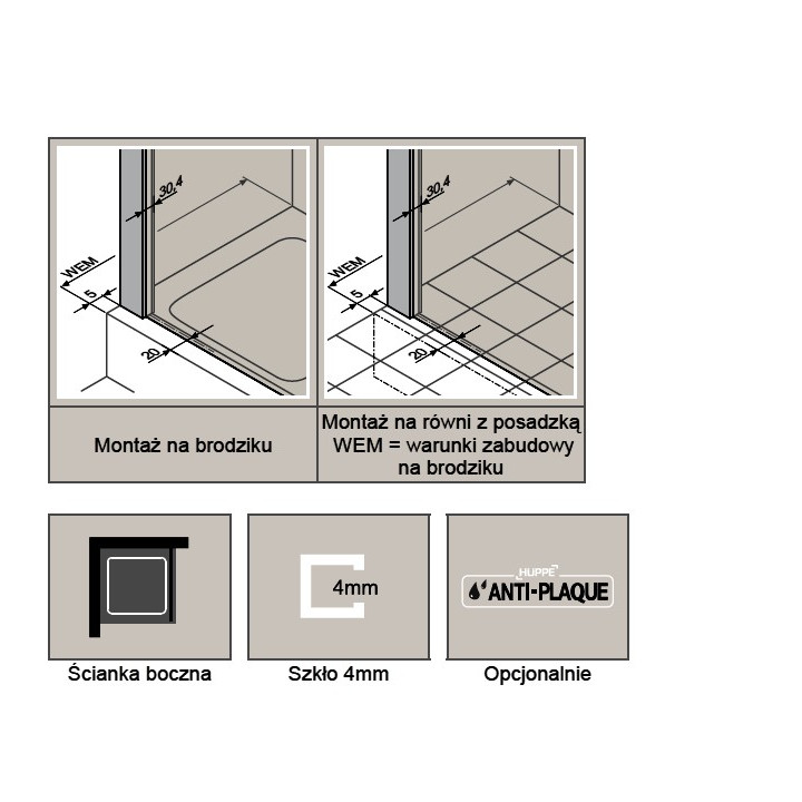 Ściana boczna Huppe Classics do drzwi suwanych, 70 cm, srebrny połysk, szkło przeźroczyste z Anti Plaque- sanitbuy.pl