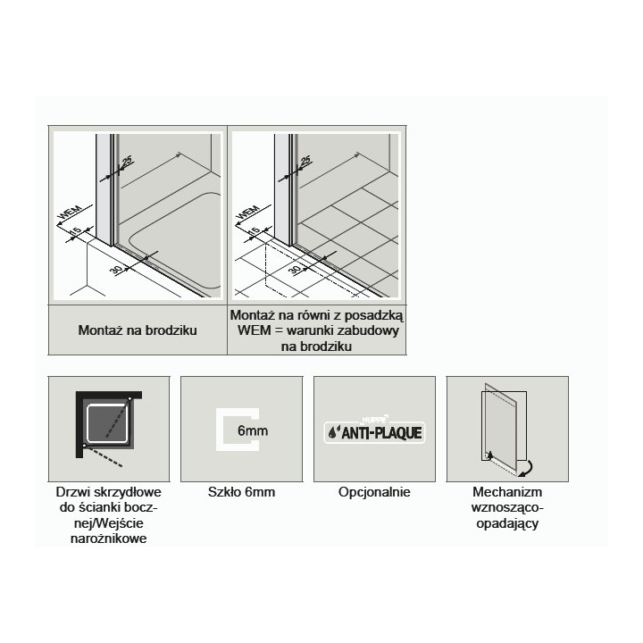 Drzwi do ścianki bocznej Huppe Classics2 80 cm, wys. 190 cm, srebrny mat, szkło przeźroczyste z Anti Plaque- sanitbuy.pl