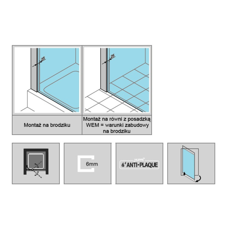 Drzwi do wnęki z elementem stałym Huppe Classics 80 cm, wys. 200 cm, srebrny mat, szkło przeźroczyste z Anti Plaque- sanitbuy.pl