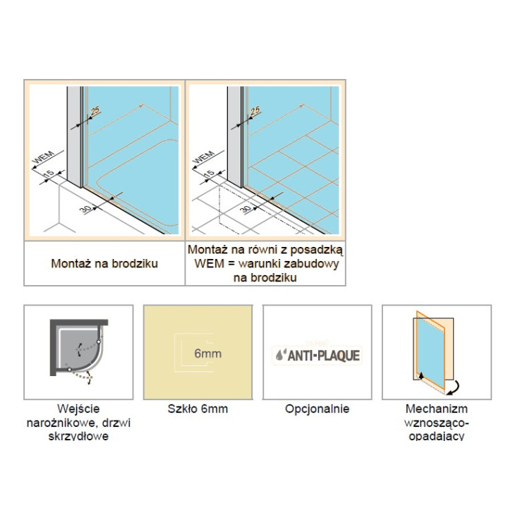 Drzwi skrzydłowe półokragłe Huppe Classics 80 cm, wys. 190 cm, jeden element, srebrny mat, szkło przeźroczyste z Anti Plaque- sa