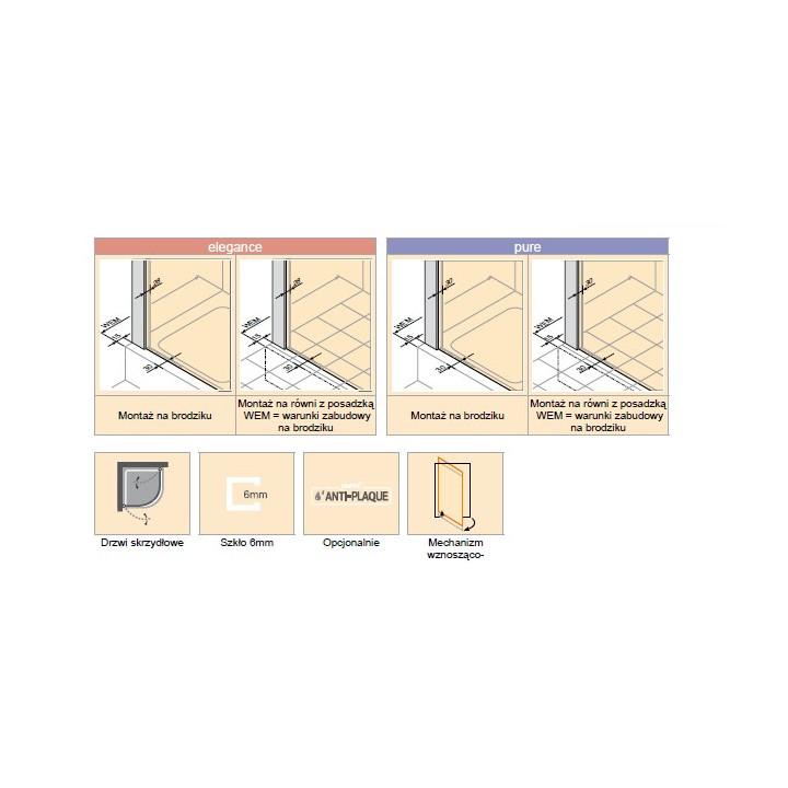 Drzwi wahadłowe do ścianki Huppe Design Pure, wg wymiarów, wys.200 cm,  chrom, przeźroczyste z antiPlaque- sanitbuy.pl