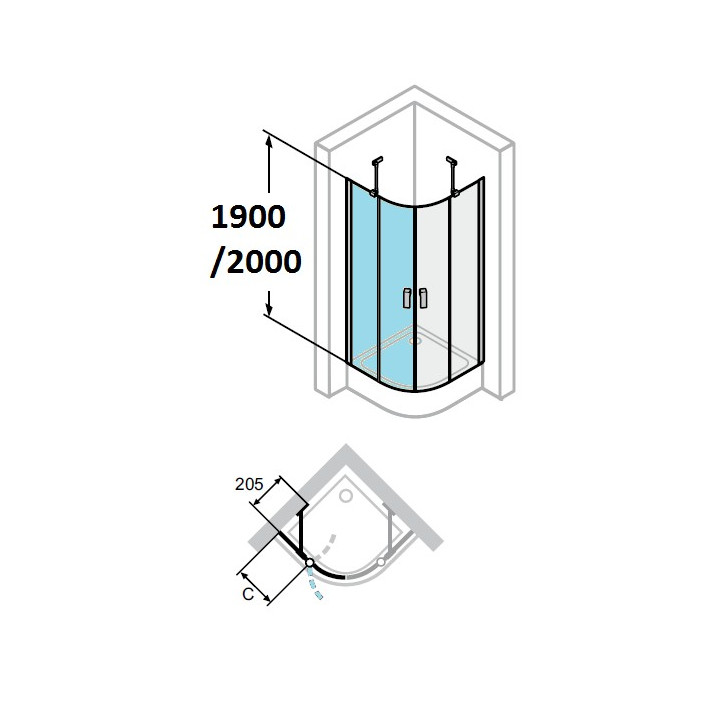 Drzwi skrzydłowe ze stałymi segmentami Design Elegance, 1-część, 80 cm, wys. 200 cm, chrom, szkło przeźroczyste z AntiPlaque- sa