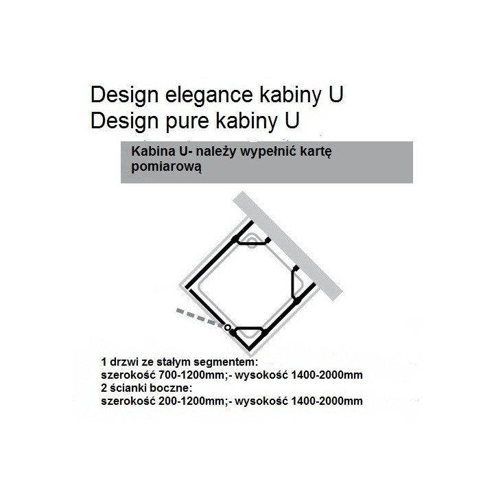 Kabina w kszttałcie U Design Pure, srebrny mat, szkło przeźroczyste- sanitbuy.pl