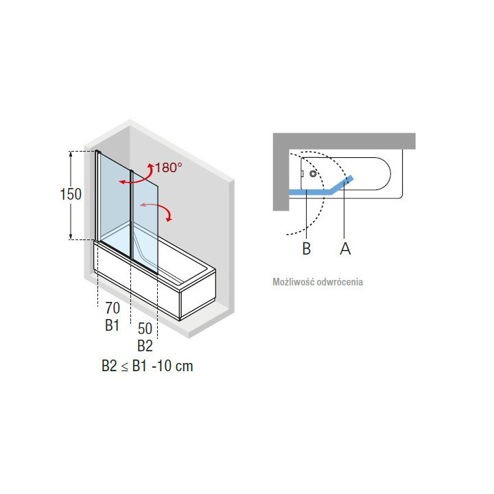 Parawan nawannowy Novellini Aurora 2 - 120x150 cm, profil srebrny, szkło przeźroczyste- sanitbuy.pl
