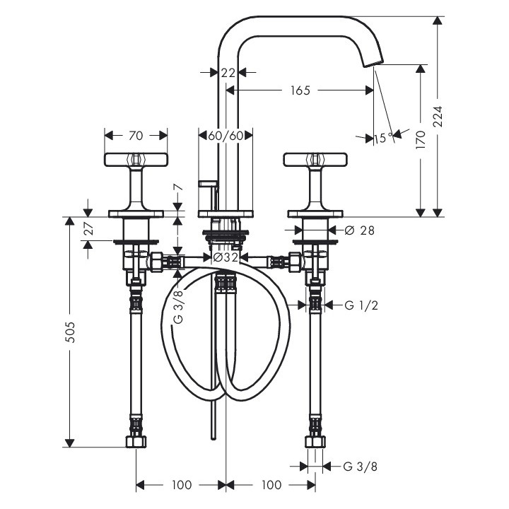 Bateria umywalkowa 3-otworowa Axor Citterio E stojąca, dł. wylewki 165 mm, chrom, z rozetami, DN15- sanitbuy.pl