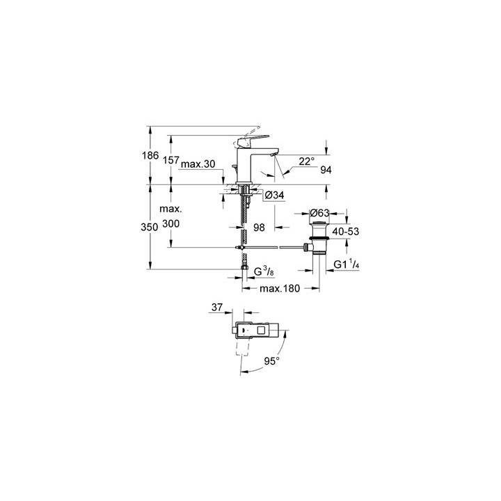 Bateria umywalkowa Grohe Eurocube stojąca, wys. 186 mm, chrom, jednootworowa, bez zestawu odpływowego, ogranicznik przepływu- sa