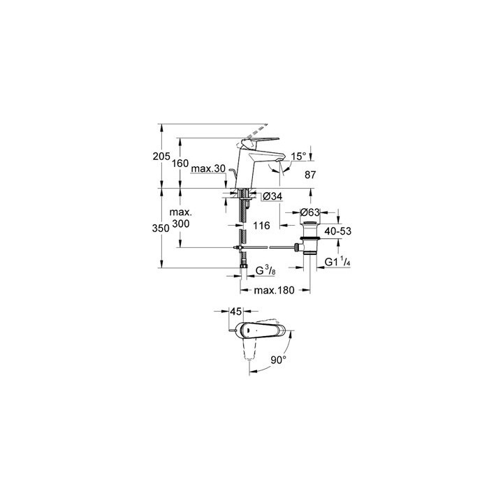 Bateria umywalkowa Grohe Eurodisc Cosmopolitan stojąca, wys. 205 mm, chrom, jednootworowa, z zestawem odpływowym- sanitbuy.pl
