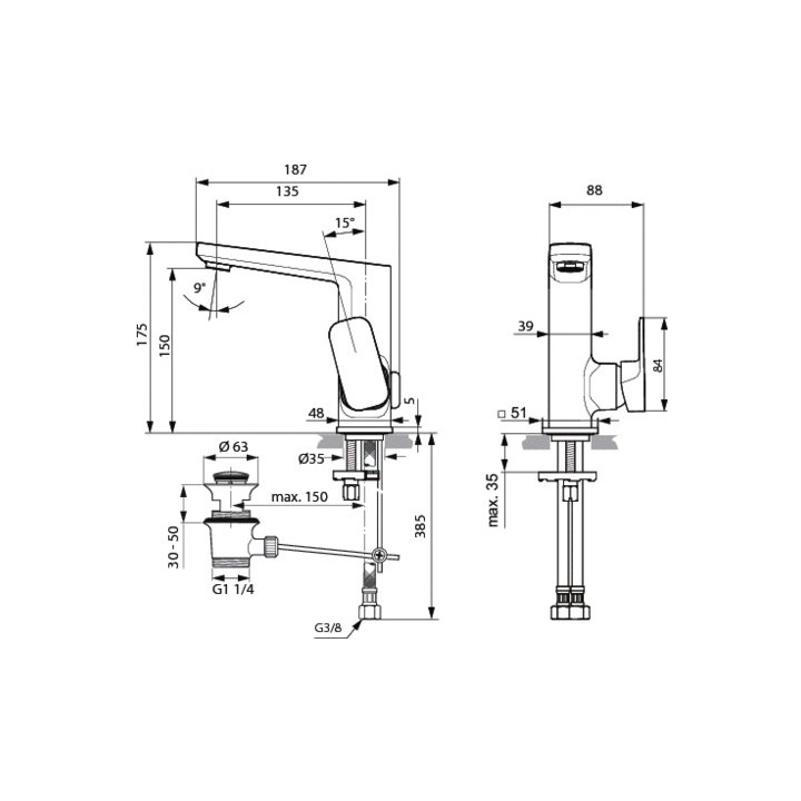 Bateria umywalkowa Ideal Standard Tonic II stojąca, wys. 137 mm, chrom, komplet odpływowy- sanitbuy.pl