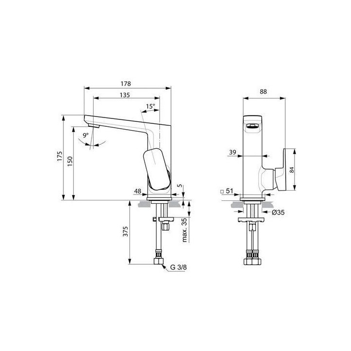 Bateria umywalkowa z bocznym uchwytem Ideal Standard Tonic II stojąca, wys. 175 mm, chrom, komplet odpływowy- sanitbuy.pl