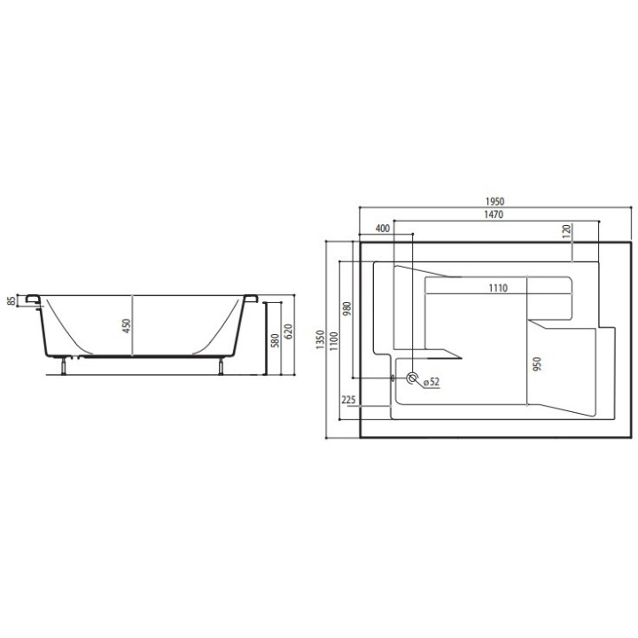 Wanna asymetryczna Ruben Ego narożna, 195 x 135 x 45 cm, biała, system hydromasażu Neos- sanitbuy.pl