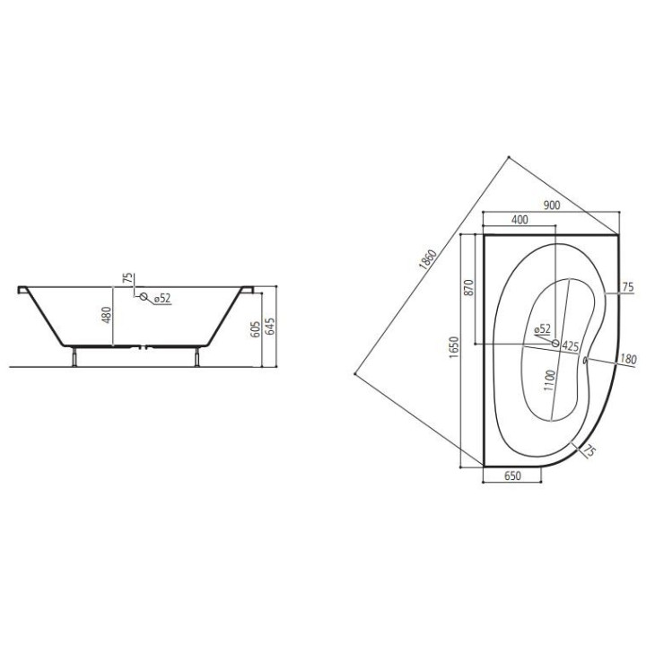 Wanna narożna Ruben Perla 165 x 90 x 48 cm, biała, lewa/prawa, system hydromasażu Rexus- sanitbuy.pl