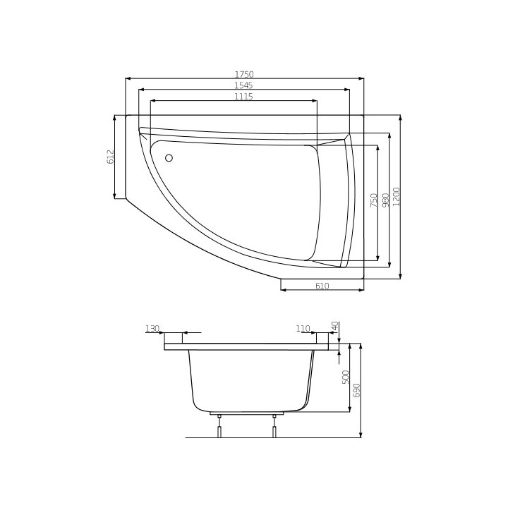 Wanna narożna asymetryczna Roca Aquamarina lewa, biała, akrylowa, 175 x 120 cm, nóżki w zestawie- sanitbuy.pl