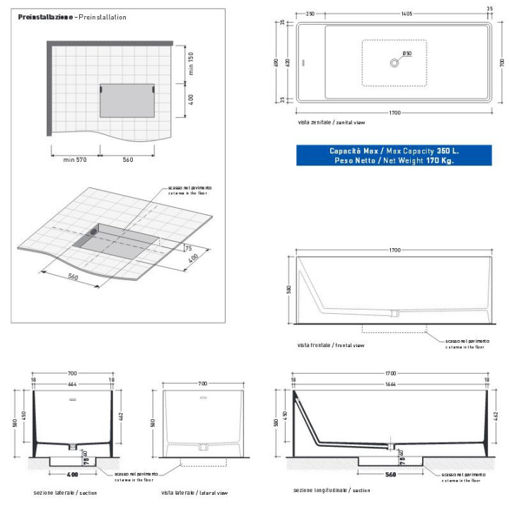 Wanna prostokątna Flaminia Wash 150 x 70 x 58 cm, biały połysk, wyprofilowana, przelew- sanitbuy.pl