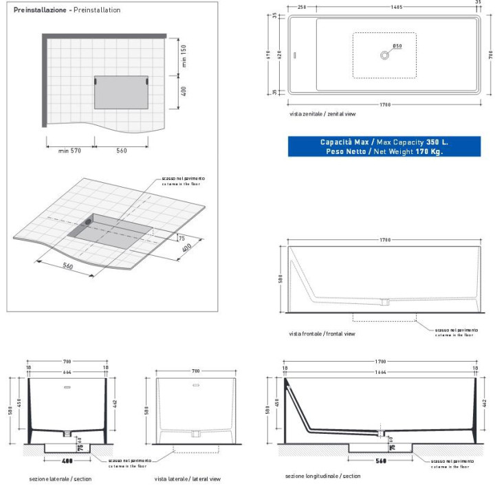 Wanna prostokątna Flaminia Wash Bicolor 150 x 70 x 58 cm, beżowa/biała, wyprofilowana, przelew- sanitbuy.pl