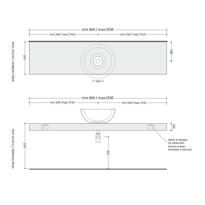 Półka pod umywalki Flaminia Mono' 74, 250-100 x 46 x 10 cm, czarny połysk, materiał: pietraluce- sanitbuy.pl