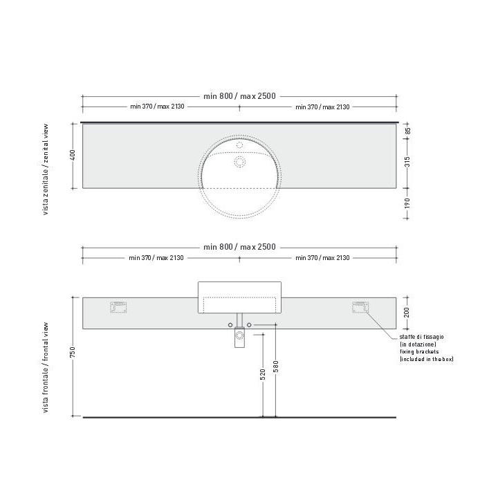 Półka pod umywalki półblatowe Flaminia Twin Set 42, 250-80 x 40 x 20 cm, czarny połysk, materiał: pietraluce- sanitbuy.pl