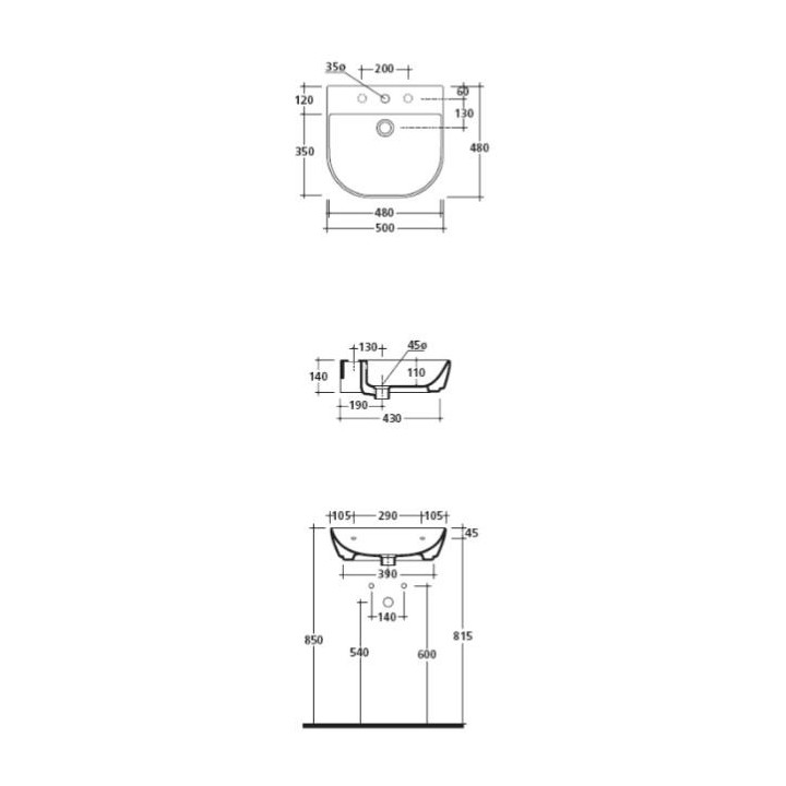 Umywalka wisząca Galassia Eden biała, 60 x 48 x 14 cm, otwór na baterię i przelew- sanitbuy.pl