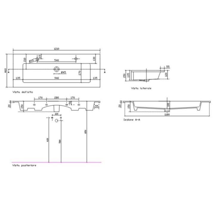 Umywalka wiszaca Galassia Eden biała, 121 x 46 x 12 cm, podwójna, przelew i otwór na baterię- sanitbuy.pl