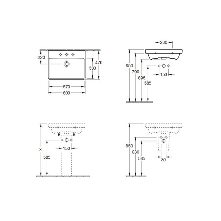 Umywalka wisząca, prostokątna Villeroy & Boch biały Alpin, 65 x 47 x 15,5 cm, bez przelewu, otwór na baterię- sanitbuy.pl