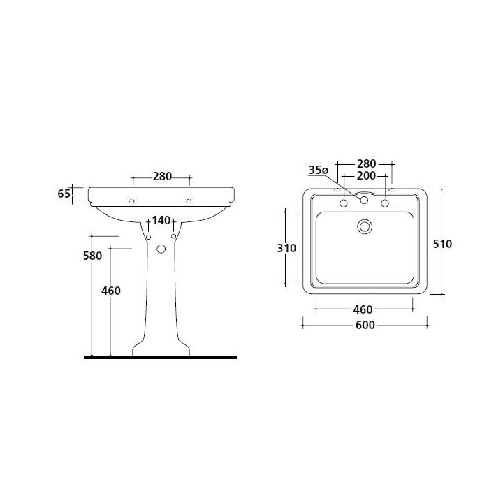Umywalka wisząca/mocowana na postumencie Galassia Ethos biała, 60 x 51 x 24 cm, przelew, otwór na baterię, retro- sanitbuy.pl