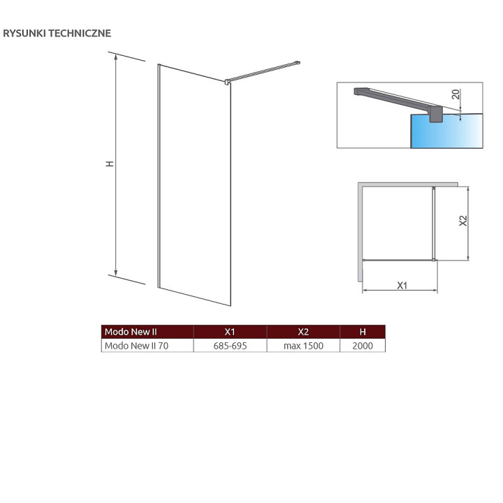 Ścianka Walk-In Radaway Modo New II 70, 68.5-69.5x200cm, chrom, szkło przejrzyste- sanitbuy.pl