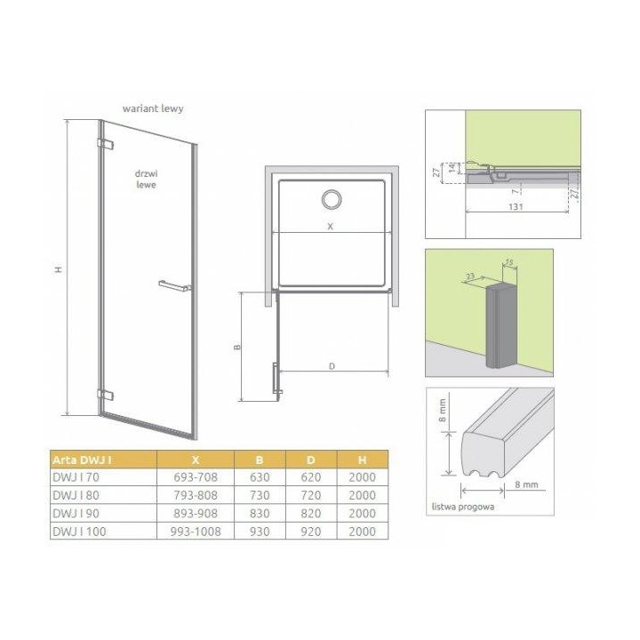 Drzwi wnękowe Radaway Arta DWJ I 100cm x 200cm lewe chrom, szkło przejrzyste- sanitbuy.pl