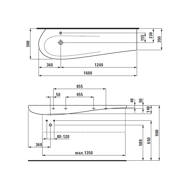 Umywalka ścienna 1600x500x350 bez otworu na baterię Laufen Alessi One - sanitbuy.pl