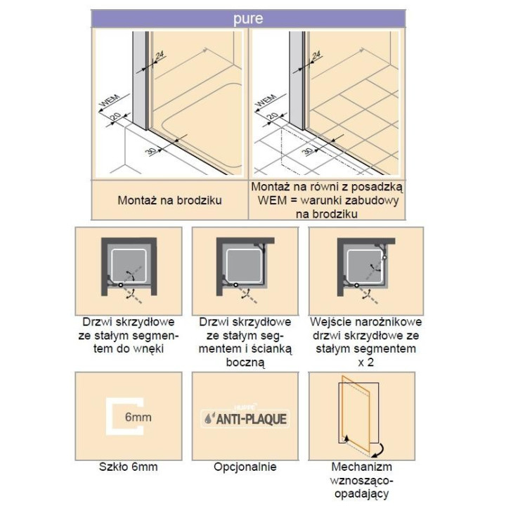 Drzwi skrzydłowe 4-kątne ze stałym segmentem 90cm Huppe Design pure- sanitbuy.pl