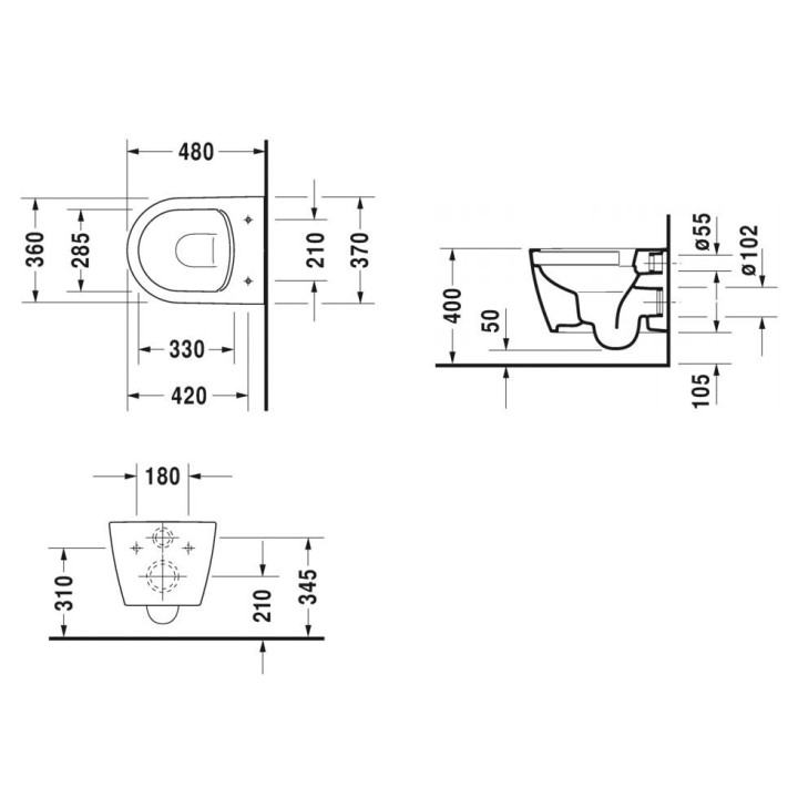 Mísa WC Duravit ME by Starck  podvěsná Compact Rimless 37x48 cm, s hlubokým splachováním, bílá s povrchem WonderGliss- sanitbuy.