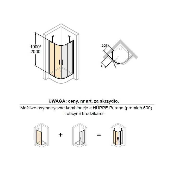 Křídlové dveře dvojdílné Huppe Classics 2 z stałymi segmentami 90cm stříbrný lesklý profil sklo čiré, Anti-plaque- sanitbuy.pl